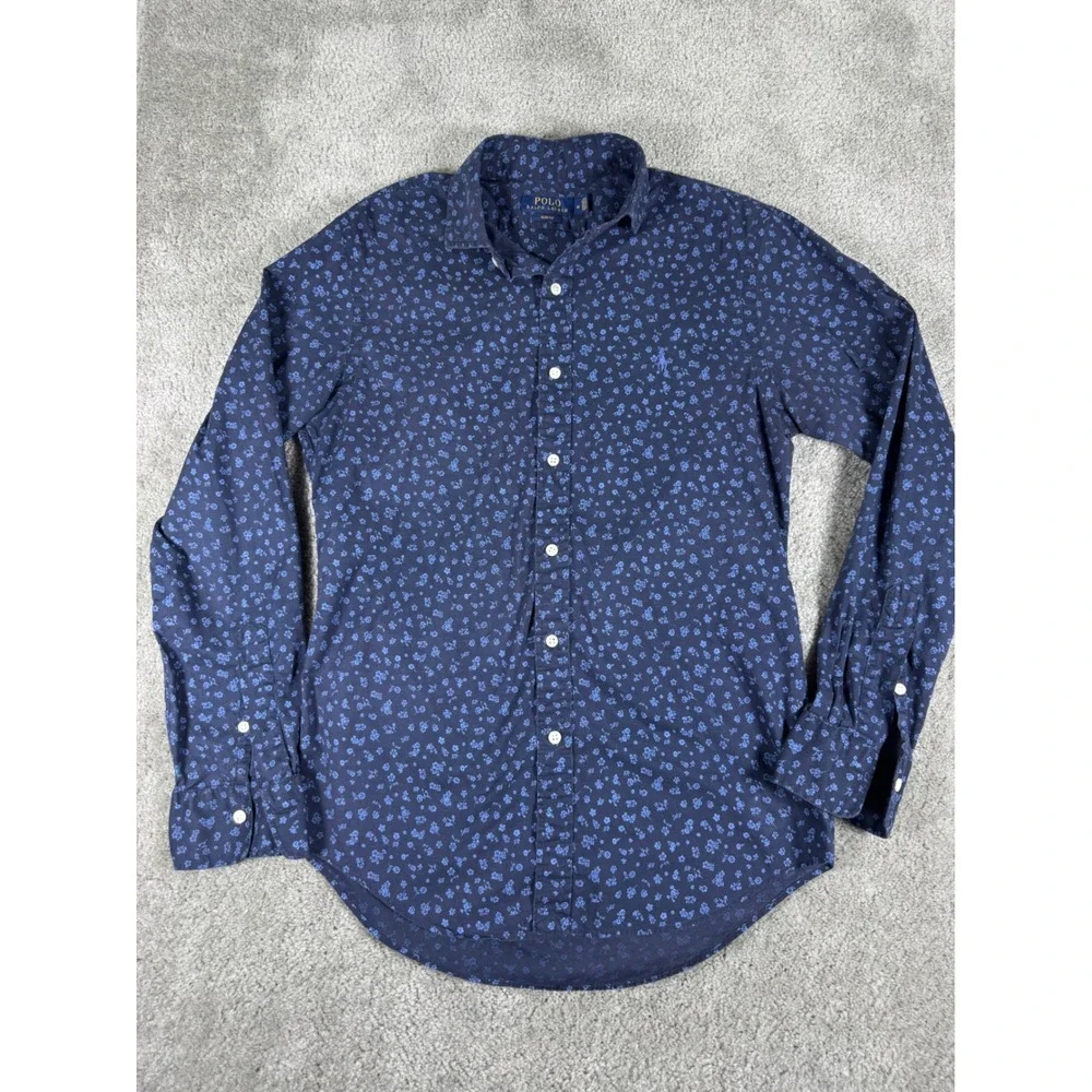 Polo Ralph Lauren Mens Slim Fit Floral Button Down Shirt Navy Blue Medium M
